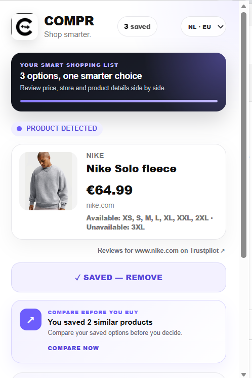COMPR popup showing a product image, details and price