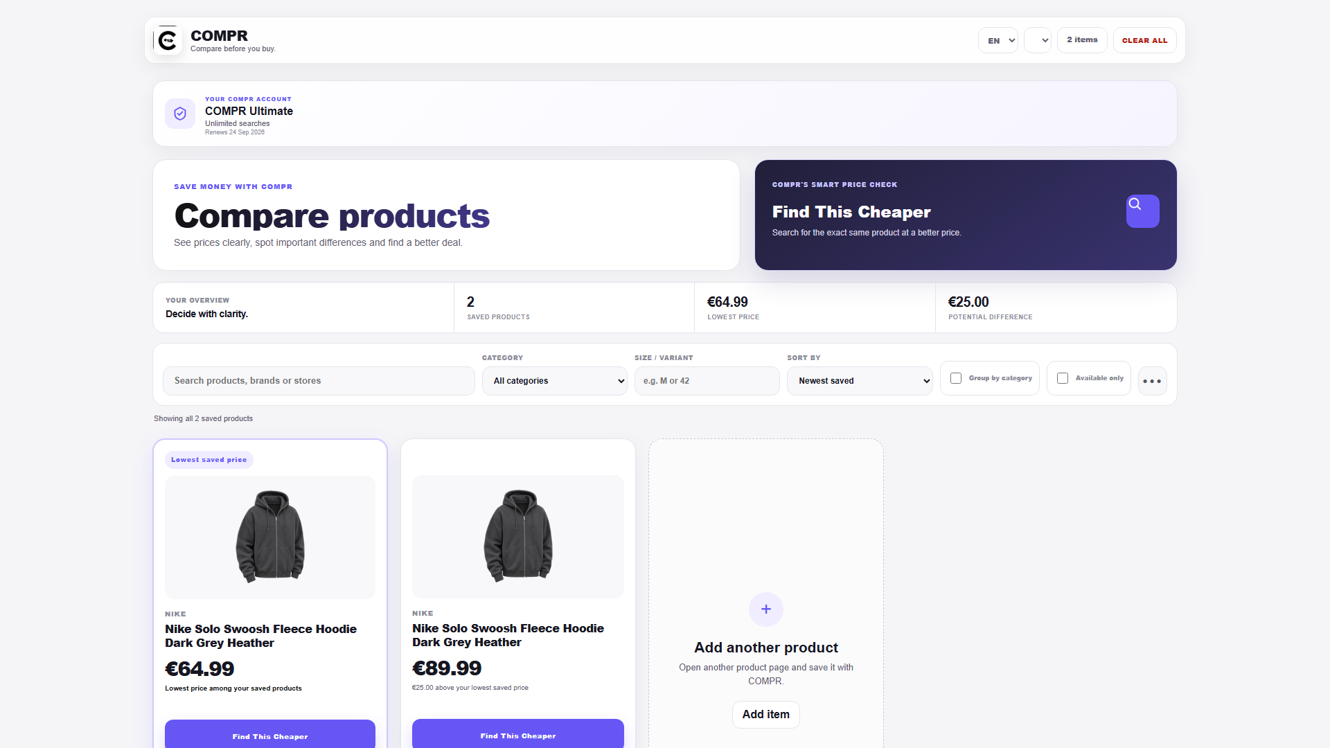 COMPR comparison page showing saved products, prices and the Find This Cheaper action